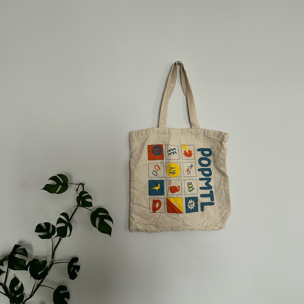 Small Beige Tote Bag with Colorful Graphics